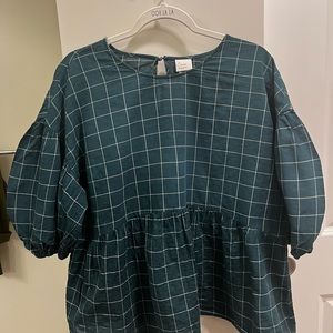A New Day Forest Green/White Grid Pattern Peplum Shirt Size XL